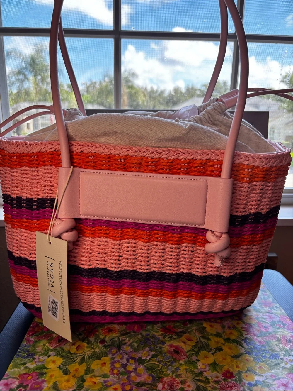 Striped Pink Woven Tote with Vegan Leather Trim